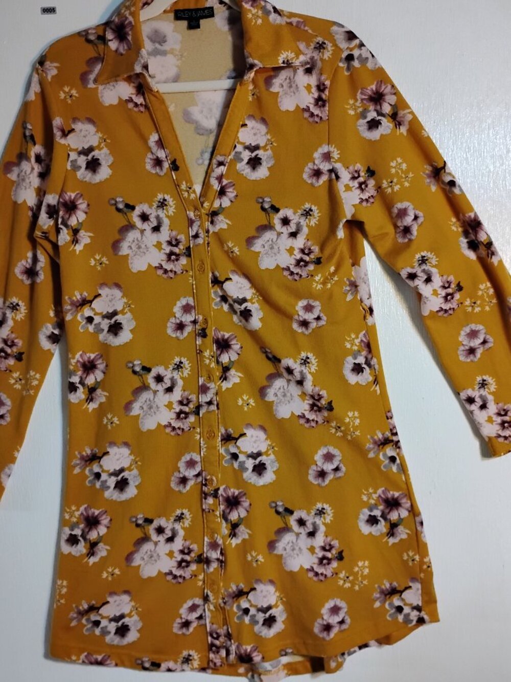 Riley & James mustard yellow floral button-up long-sleeve dress, Size large.